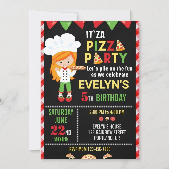 Pizza birthday invitation Red Green pizza party (Front)