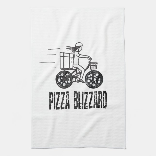 Pizza Blizzard Bike Courier Driver Tea Towel (Vertical)