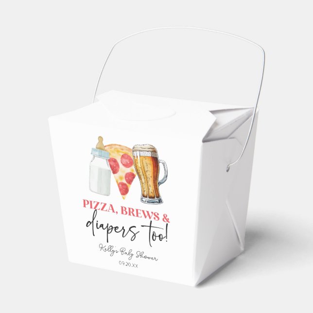 Pizza Brews and Diapers Too! Baby Shower Favour Box (Front Side)