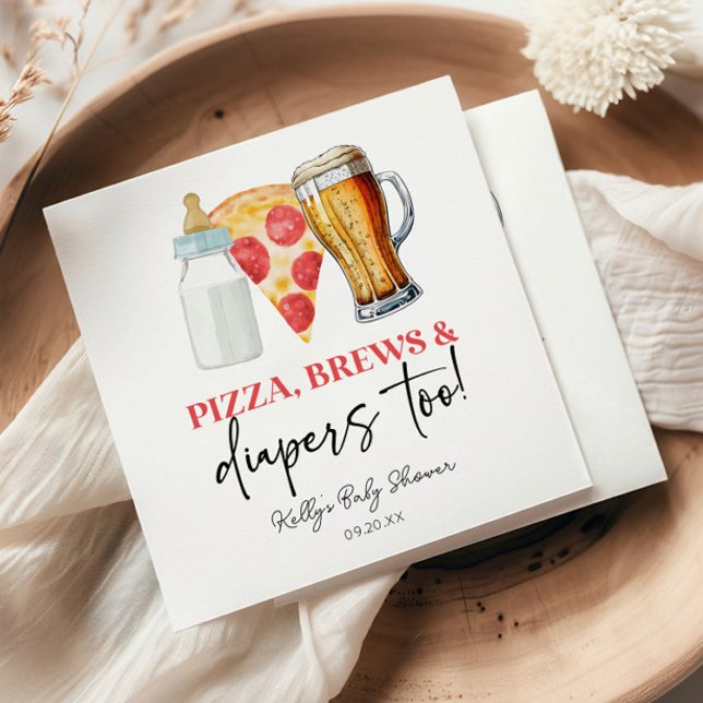 Pizza Brews and Diapers Too! Baby Shower Napkin (Creator Uploaded)