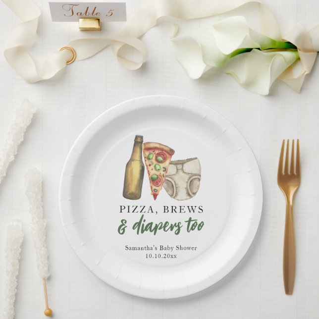 Pizza, Brews and Diapers too Baby shower  Paper Plate (Wedding)
