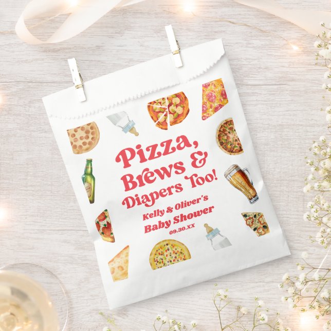Pizza Brews and Diapers Too Pizza Beer Baby Shower Favour Bags (Clipped)