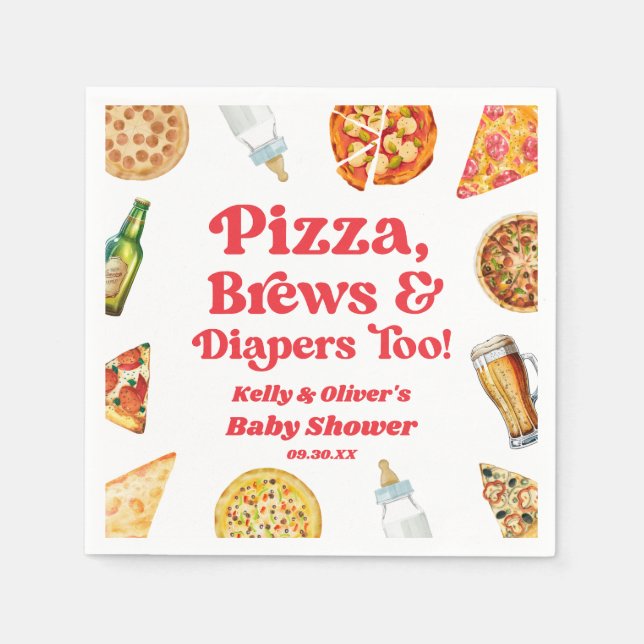 Pizza Brews and Diapers Too Pizza Beer Baby Shower Napkin (Front)