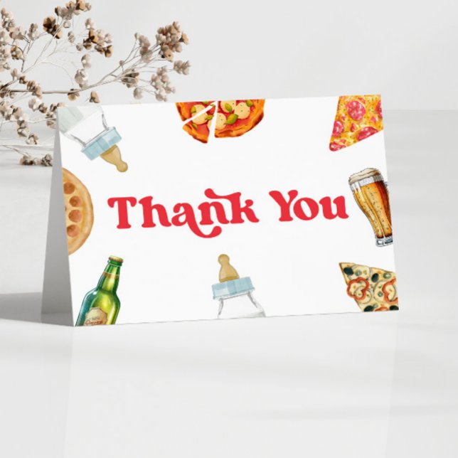 Pizza Brews and Diapers Too Pizza Beer Baby Shower Thank You Card (Creator Uploaded)