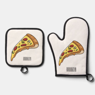 Pizza cartoon illustration oven mitt & pot holder set