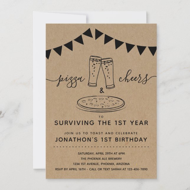 Pizza & Cheers & Beers Birthday Party 1st Birthday Invitation (Front)
