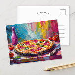 Pizza Colourful Modern Abstract Art Postcard<br><div class="desc">A fun and playful modern painting of a pizza, featuring textured abstract brushstrokes in bright colours such as pink, yellow, and blue. The bold colours and lively brushwork give the pizza a whimsical, energetic vibe, blending food imagery with a creative, contemporary art style. This quirky piece brings together pop culture...</div>