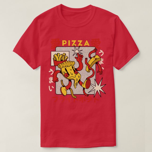 Pizza French Fries Retro Cartoon Gourmet Fast Food T-Shirt (Design Front)