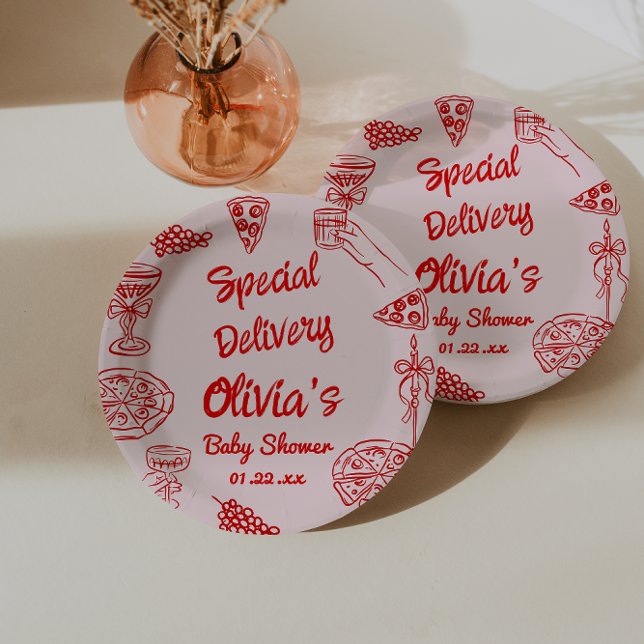 Pizza Hand Drawn Red Special Delivery Baby Shower Paper Plate (Creator Uploaded)