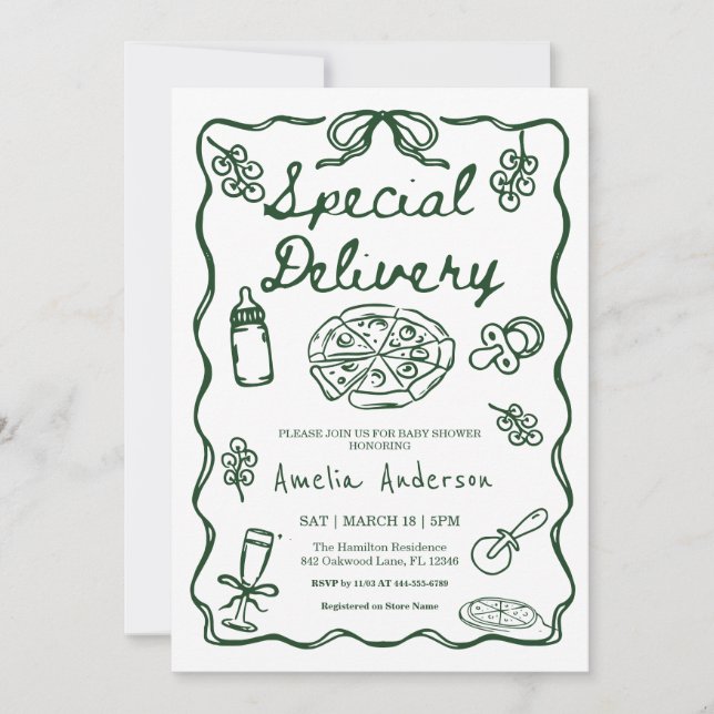 Pizza Hand Drawn Special Delivery Baby Shower Invitation (Front)
