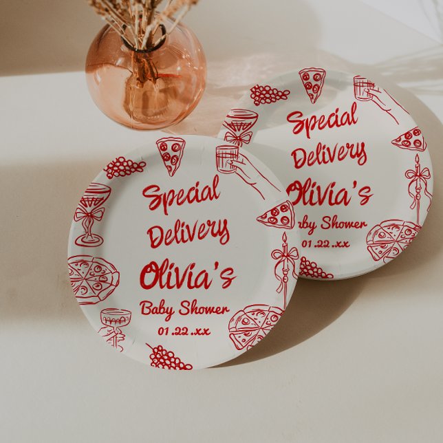 Pizza Hand Drawn Special Delivery Baby Shower Paper Plate (Creator Uploaded)