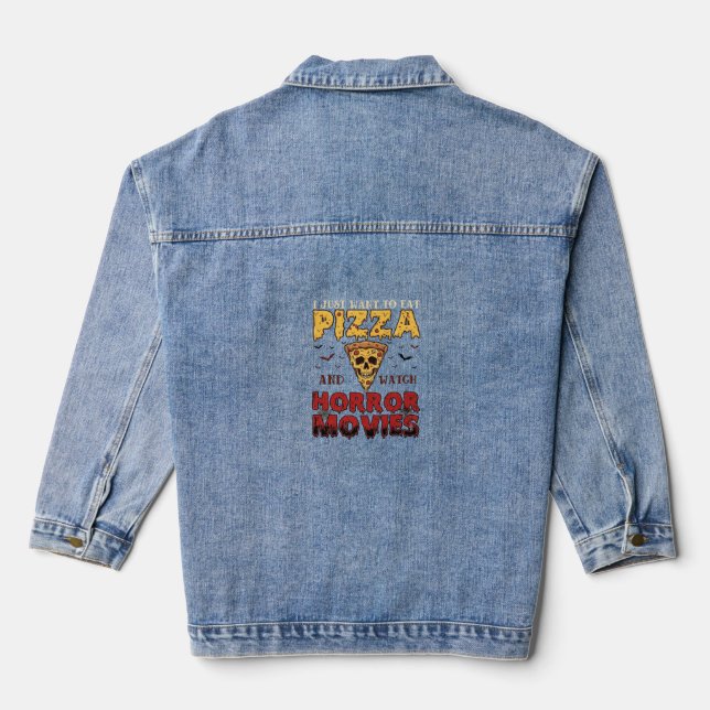 Pizza Horror Movies Halloween Skull Bats Spiderweb Denim Jacket (Back)