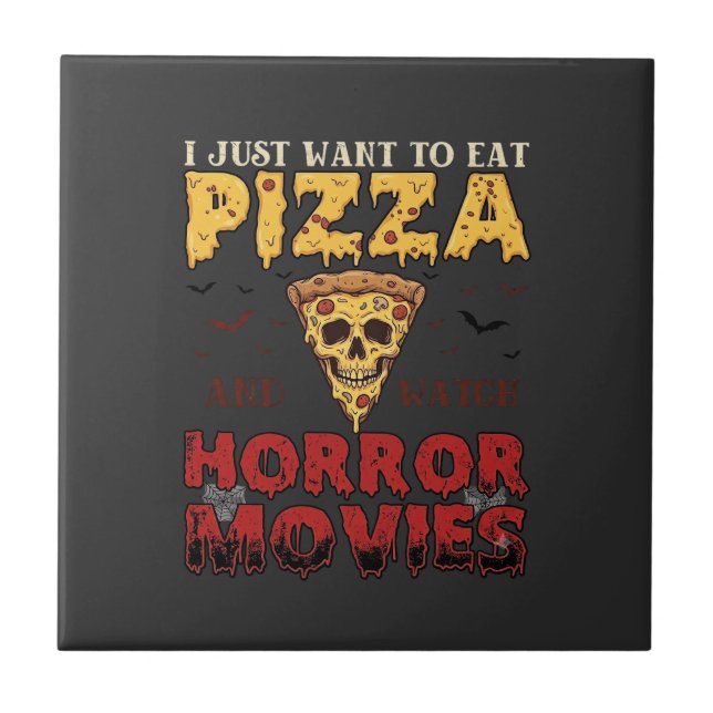 Pizza Horror Movies Halloween Skull Bats Spiderweb Tile (Front)