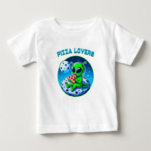 Pizza-Loving Alien on the Moon | Fun Cosmic Baby T-Shirt (Front)