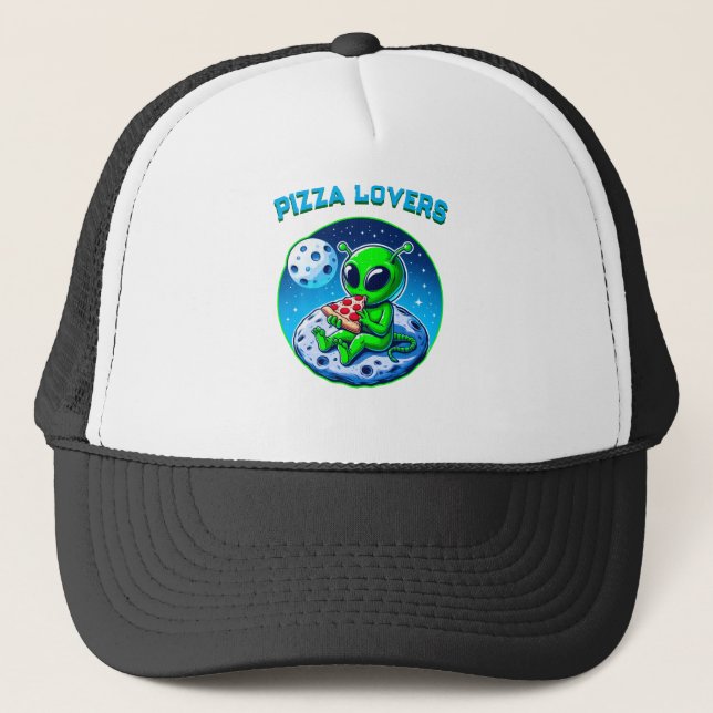Pizza-Loving Alien on the Moon | Fun Cosmic Trucker Hat (Front)
