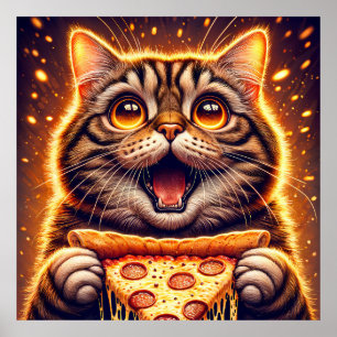 Pizza-Loving Cat with Wide Eyes Poster