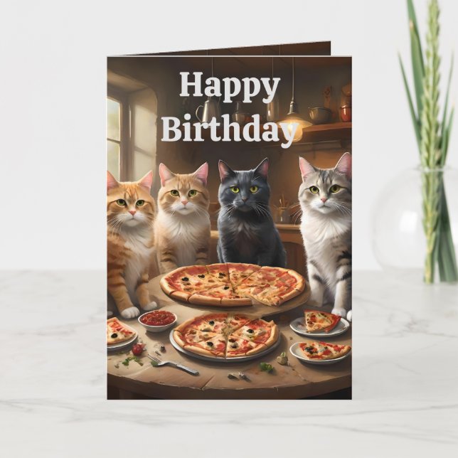 Pizza Loving Cats, Birthday Card (Front)