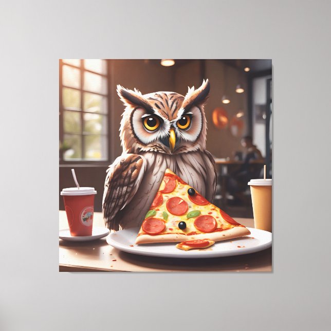 Pizza-Loving Owl in Cafe Canvas Print (Front)