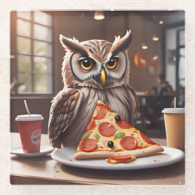 Pizza-Loving Owl in Cafe Glass Coaster (Front)
