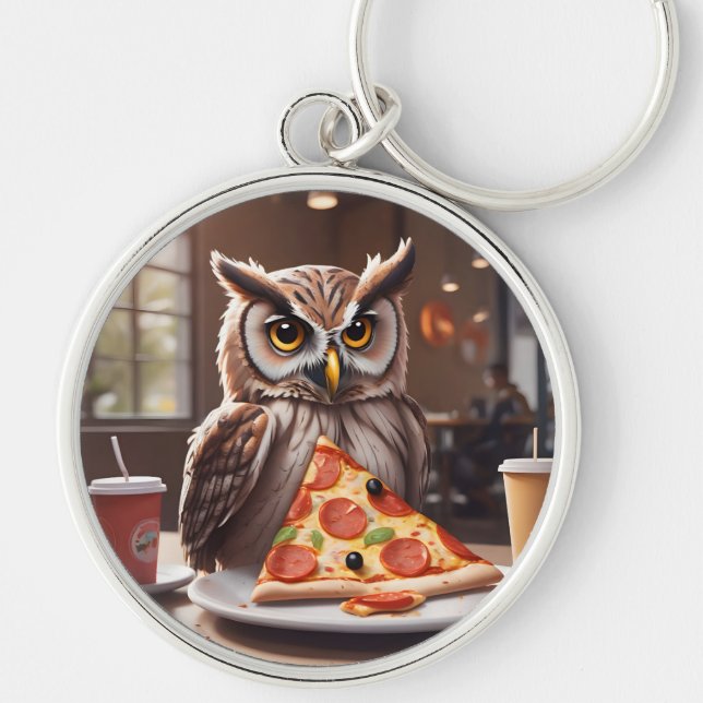 Pizza-Loving Owl in Cafe Key Ring (Front)