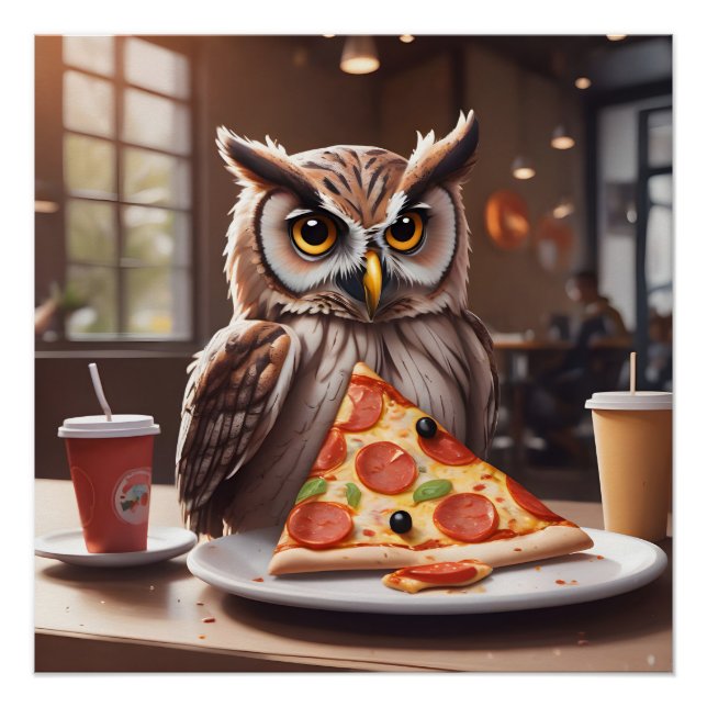 Pizza-Loving Owl in Cafe Poster (Front)