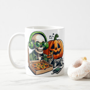 Pizza-Loving Skeleton: Gaming, Cheese Overload Coffee Mug