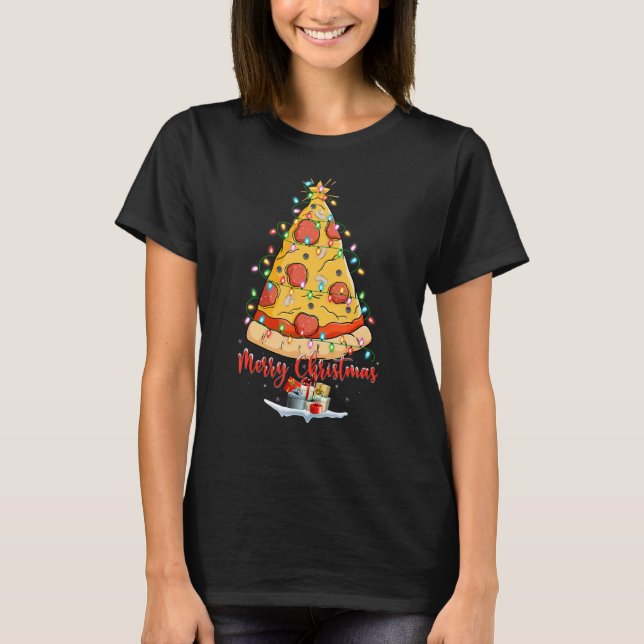 Pizza  Merry Xmas Lighting Pizza Christmas Tree T-Shirt (Front)