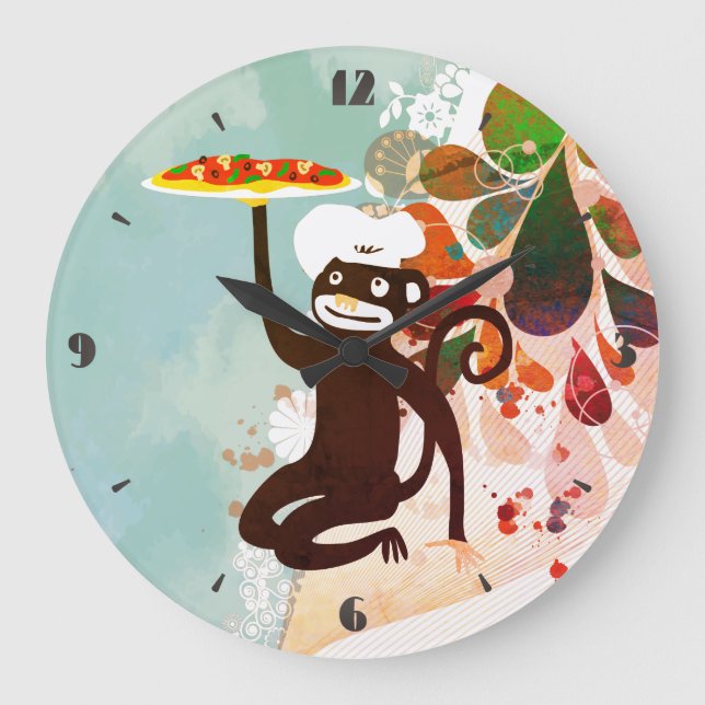 Pizza monkey chef hat junk food kitchen clock (Front)