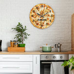 Pizza On Time Ready To Go Large Clock<br><div class="desc">Mouth watering loaded pizza photo with all the meats,  tomatoes,  spices,  seasonings,  and tomato sauce buried deep under mozzarella and parmesan cheeses.  Yum!!  Ordered with clock numbers and a name to go.</div>