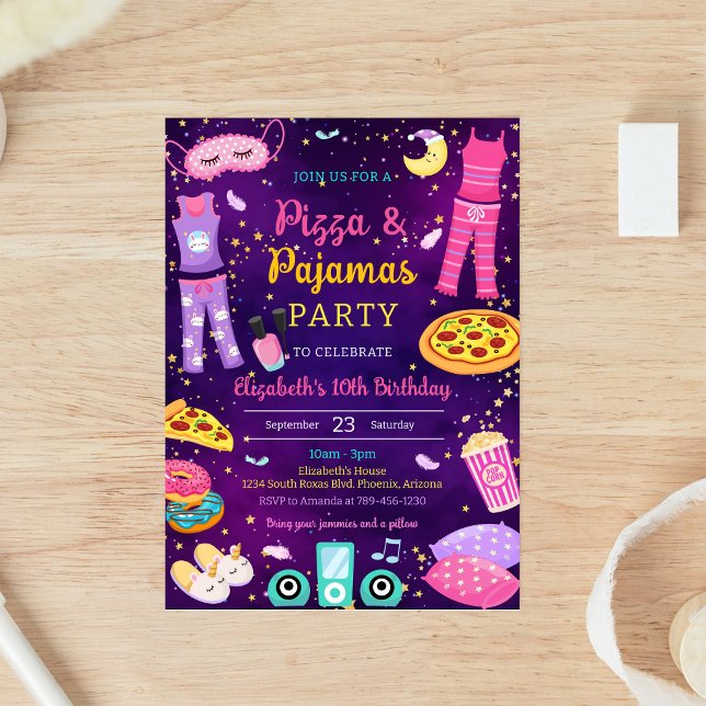 Pizza Pajama Sleepover Party Birthday Invitation (Creator Uploaded)