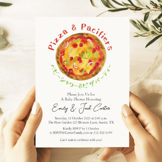 Pizza Party Baby Shower Rustic Watercolor Invitation