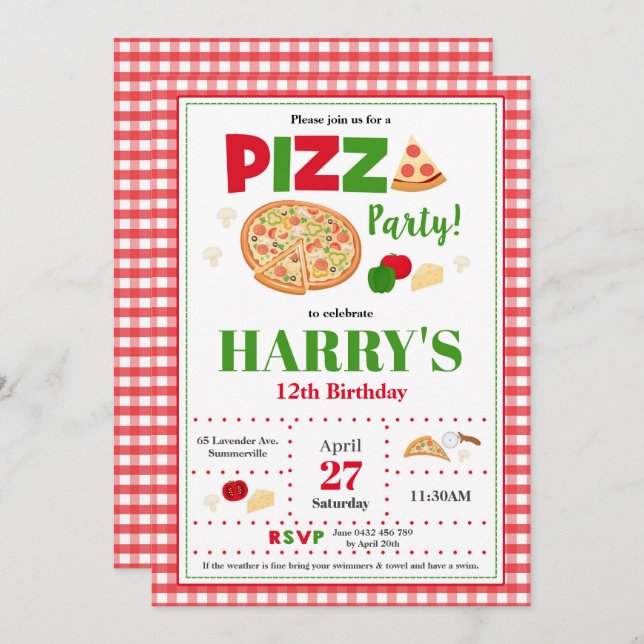 Pizza Party Birthday Invitation Boys Fast Food (Front/Back)