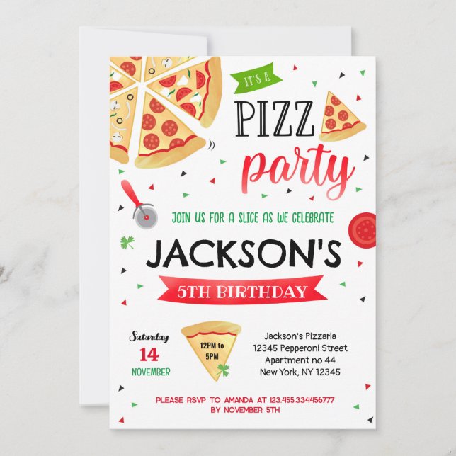 Pizza Party Birthday Invitations Boy Girl (Front)