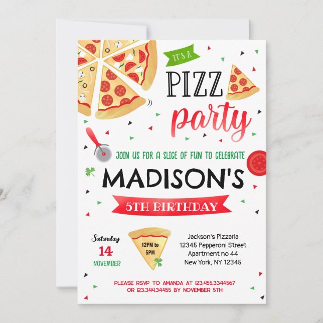 Pizza Party Birthday Invitations Boy Girl (Front)