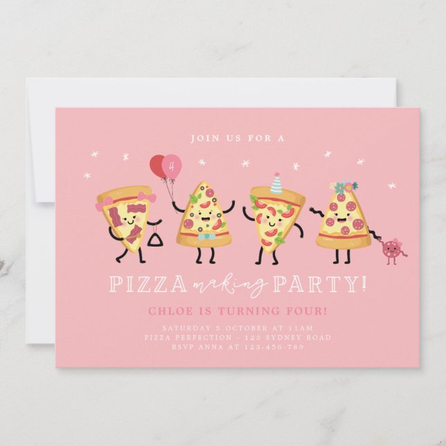 Pizza Party Birthday Invite Girls Cute Pizza Party (Front)