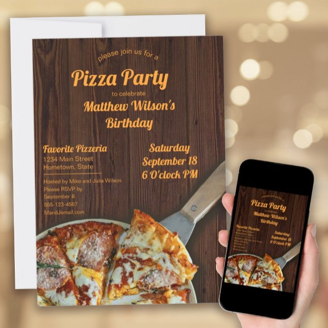 Pizza Party Birthday Rustic Wood Invitation (Pizza Party Birthday Invitations with a rustic wood background for a child, teen, or adult birthday.)