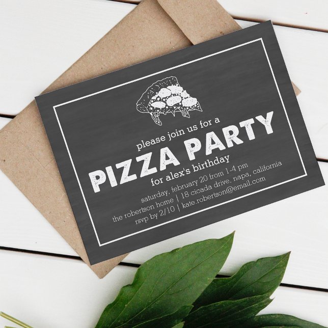 Pizza Party Black & White Chalkboard Birthday Invitation (Creator Uploaded)