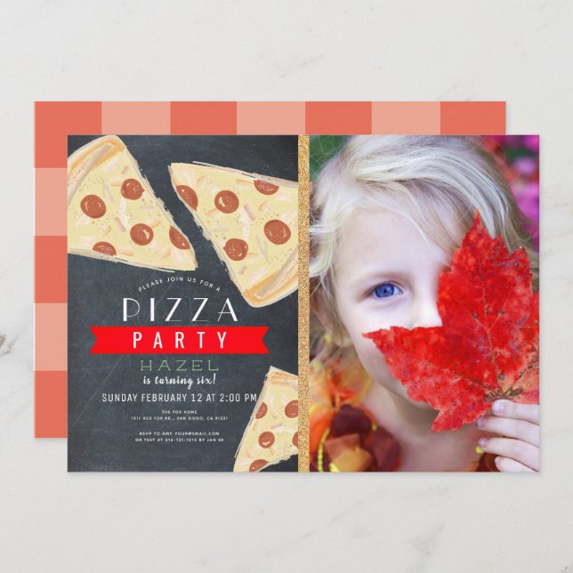 Pizza Party Chalkboard Red Gingham Photo Birthday Invitation (Front/Back)