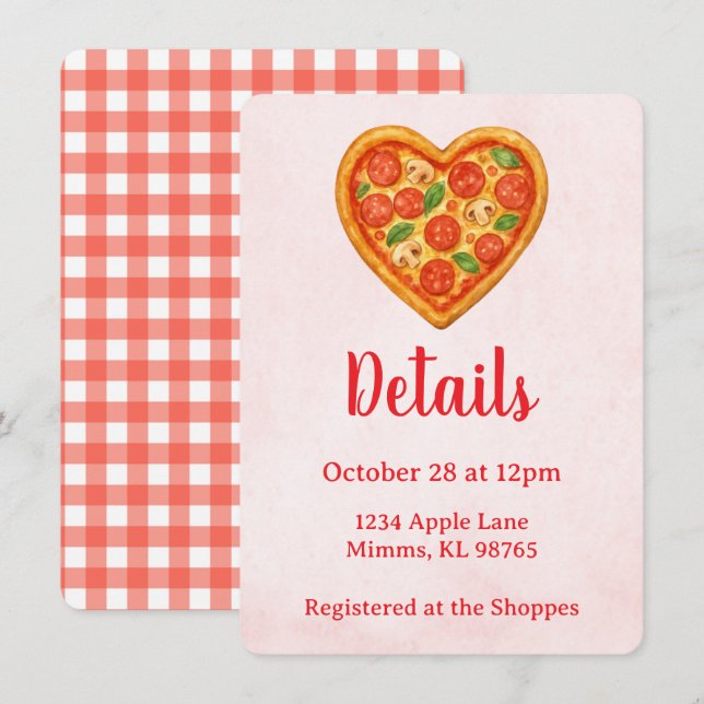 Pizza Party Details Card | Heart Pizza Red Chequer (Front/Back)