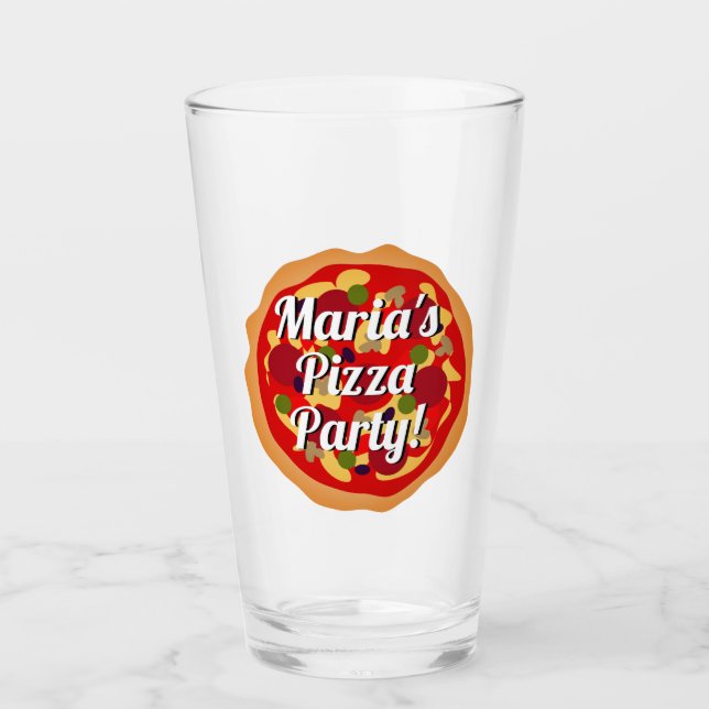 Pizza party drink glass with custom text (Front)