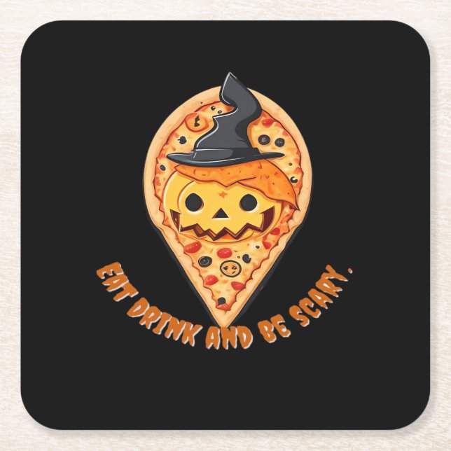 Pizza Party Halloween Pumpkin Witch Hat Essential Square Paper Coaster (Front)