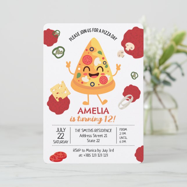 Pizza Party Kawaii Birthday Invitation  (Standing Front)