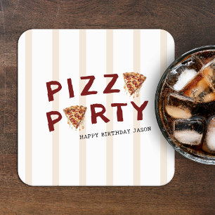 Pizza Party Kids Birthday Striped Square Paper Coaster