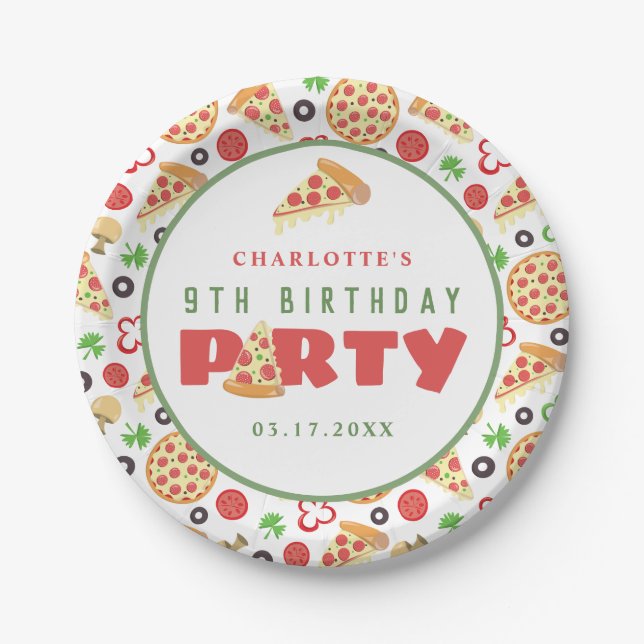 Pizza Party Modern Custom Age Kids Birthday Cute Paper Plate (Front)