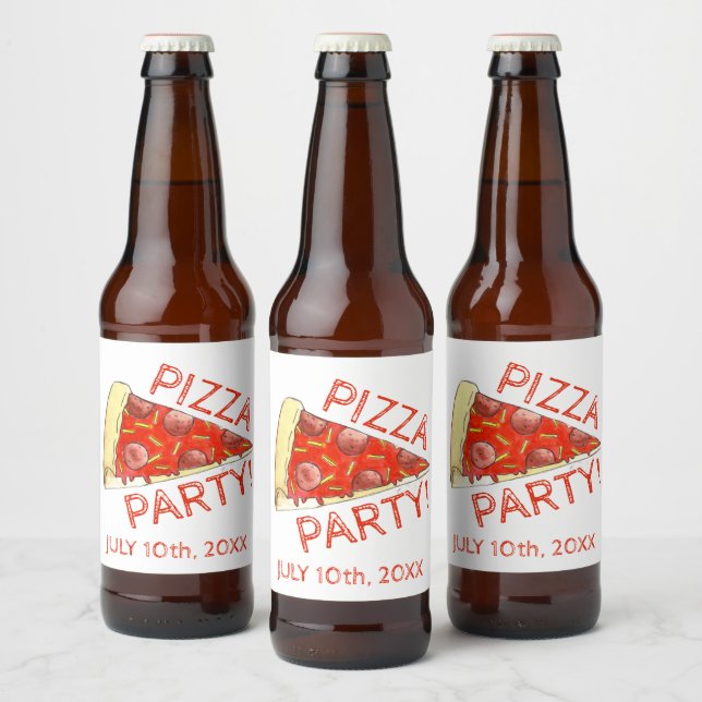 PIZZA PARTY! Pepperoni Cheese Pie Slice Pizzeria Beer Bottle Label (Bottles)