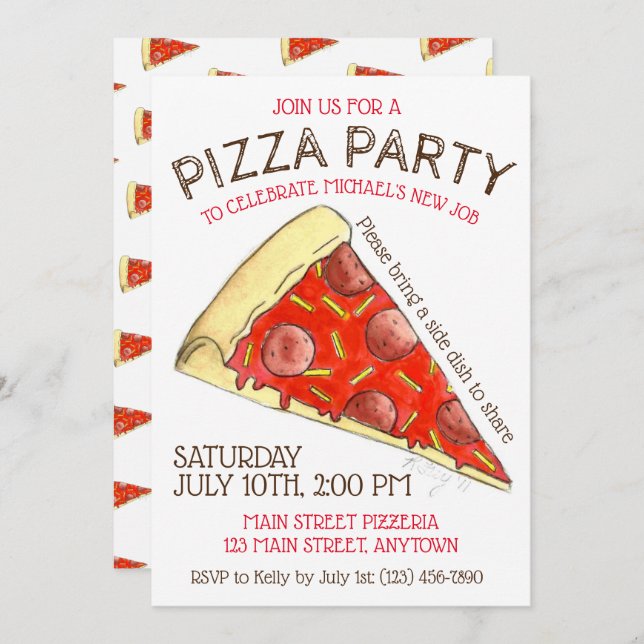 PIZZA PARTY! Pepperoni Cheese Pie Slice Pizzeria Invitation (Front/Back)
