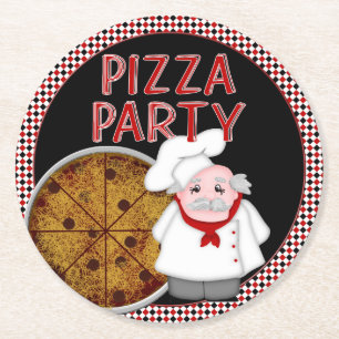 Pizza Party, Style 2-Black-Coaster Set Round Paper Coaster