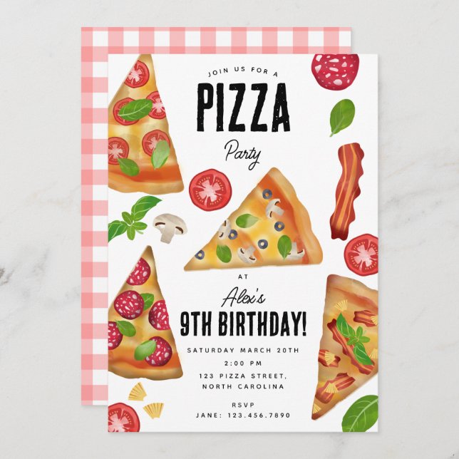 Pizza Party Theme Watercolor Birthday  Invitation (Front/Back)