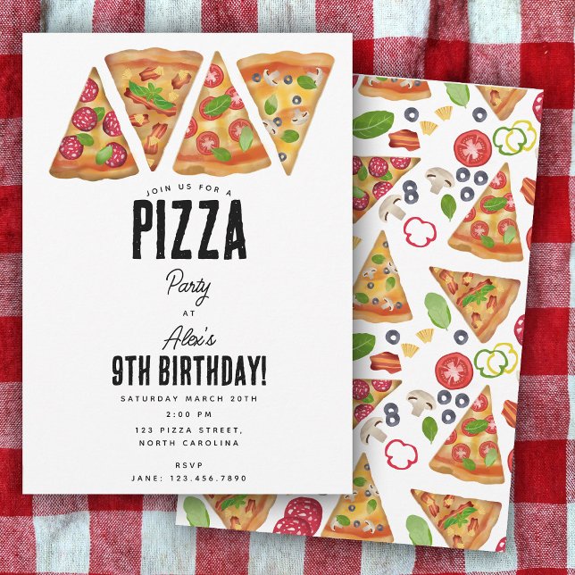 Pizza Party Theme Watercolor Birthday Kids Invitation (Pizza Party Theme Watercolor Birthday Kids Invitation)