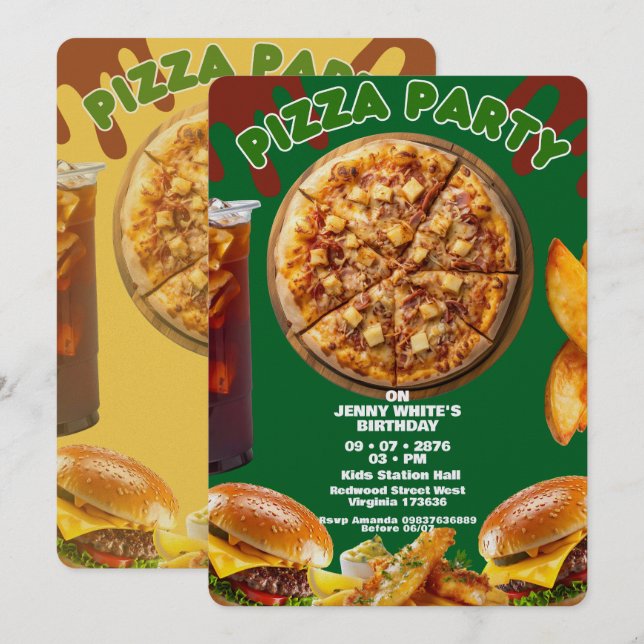 Pizza Party Themed Invitation (Front/Back)